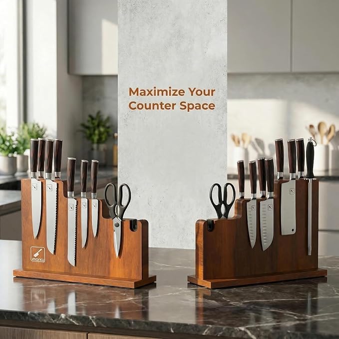 imarku Magnetic Knife Block Holder, 13 x 10 Inches, imarku Magnetic Knife Holder Rack for Kitchen Counter, Double Sided Magnet Knife Storage Stand with Knife Sharpener, Stepped Block