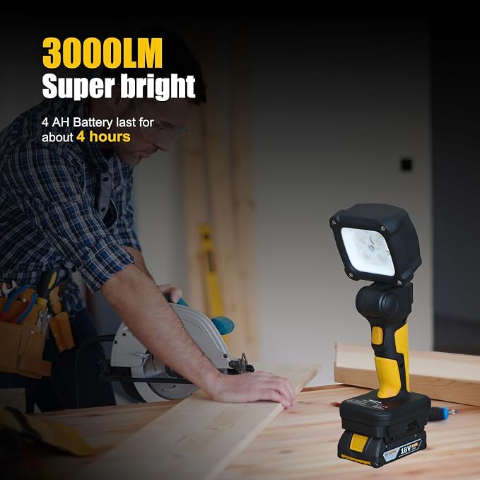 Cordless LED Work Light, Zoom Handheld Spotlight Compatible with Dewalt, Milwaukee and Makita 18-21V Battery, 3000 Lumens, Pivoting Head, (Charger and Battery Not Included)