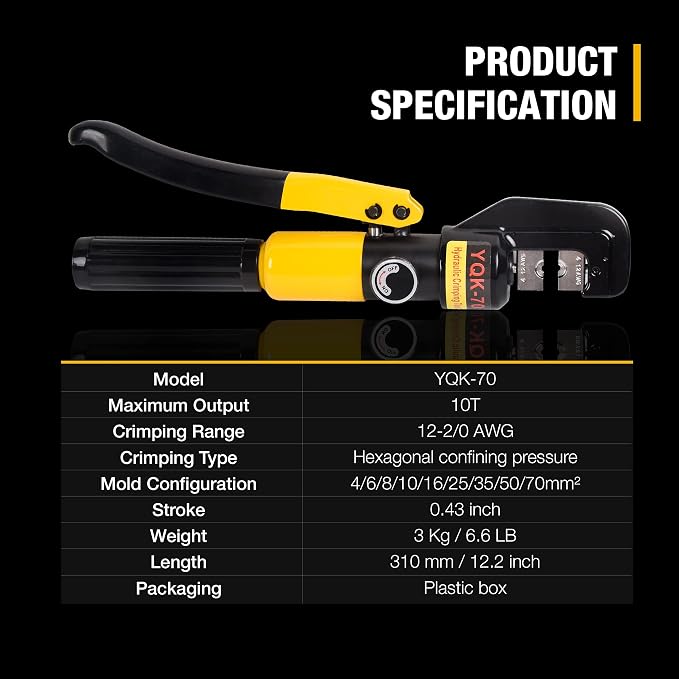 10 Ton Hydraulic Crimping Tool with 9 Dies (12-2/0 AWG), Battery Cable & Electrical Terminal Crimper for Copper & Aluminum Wires