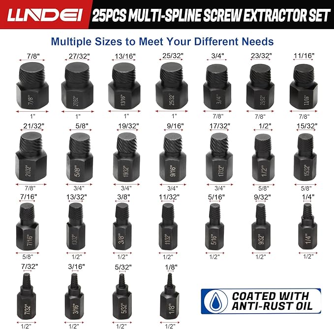 LLNDEI Screw Extractor Set Hex Head Multi-Spline Easy Out Bolt Extractor Set, EZ Out Rounded Screw Remover, 1/8 Inch to 7/8 Inch in 1/32-Inch Increments, CR-MO, 25 Pieces, Stripped Fastener Tool