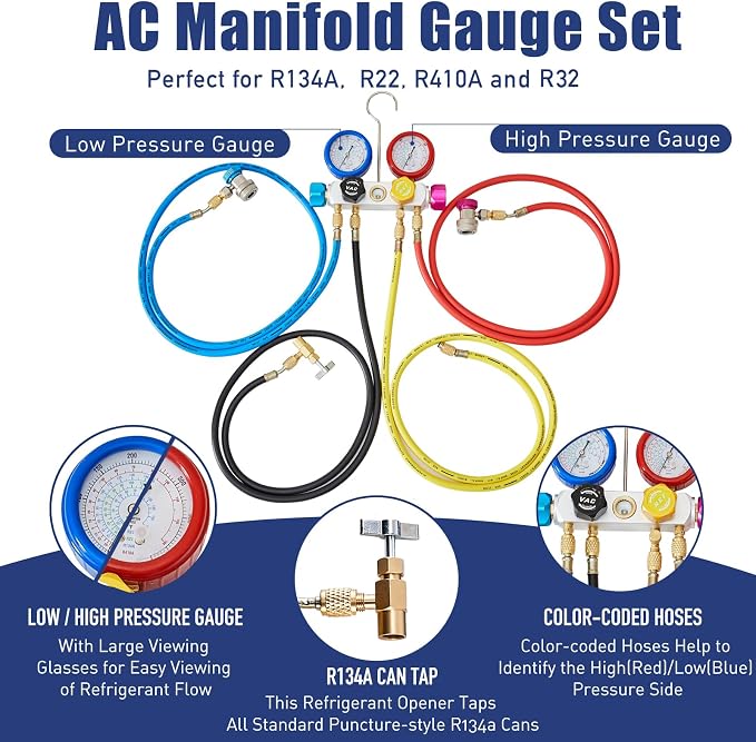 BACOENG R32 AC Vacuum Pump and Gauge Set, 5 CFM HVAC Vacuum Pump Kit for Mini Split System, Sparkless Motor for R32 R410a R134a R22 Refrigerants - w/ R410a Mini Split Adapter & 4x5FT Hoses