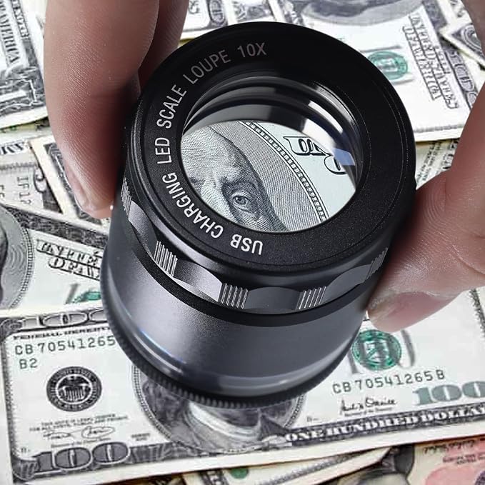 10X Rechargeable Jewelers Loupe Magnifier with LED Lights and 3 Reticle Scales, 25 mm Field of View, Adjustable Focus LED Scale Loupe Jewelry Magnifying Glass for Gems, Coins, Watch, Stamps, Plants