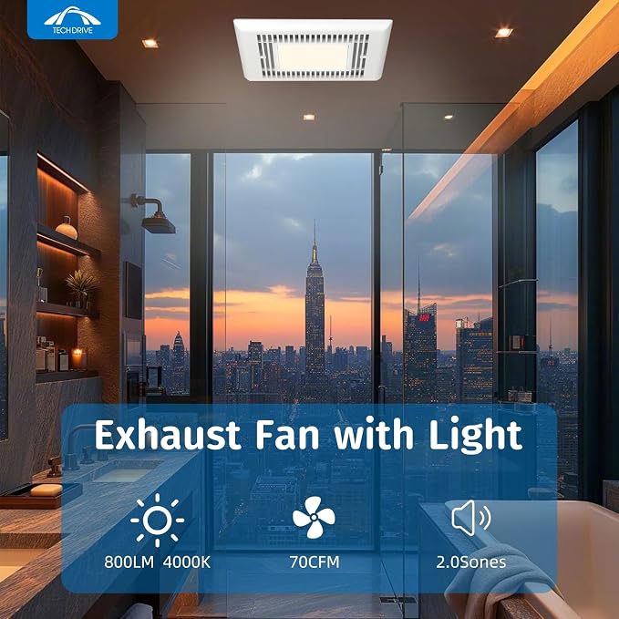 Tech Drive Bathroom Fan with light,Very-Quiet 70 CFM, 2.0 Sone,3 Inch Duct | 600LM 4000K LED light, Ceiling Mounted Ventilation Fan,Easy to Install for Bathrooms Up to 75 Sq. Ft