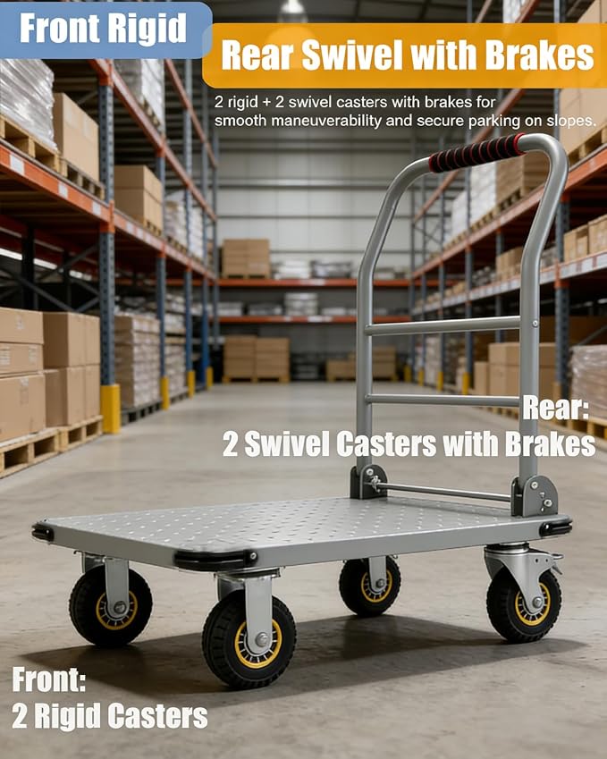 Heavy Duty Platform Truck Cart, 1800LBS Capacity Steel Flatbed Dolly, 36"x24" Large Utility Cart with 6" Swivel Wheels with Brakes, Foldable Hand Truck for Warehouse, Garage, Shipping & Moving