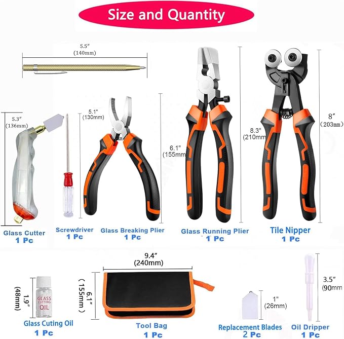 Glass Cutting Tool Kit with Tile Nipper, Glass Running Pliers, Breaker Grozer Pliers, Glass Cutter for Stained Glass, Tiles, Mosaic, with Storage Bag