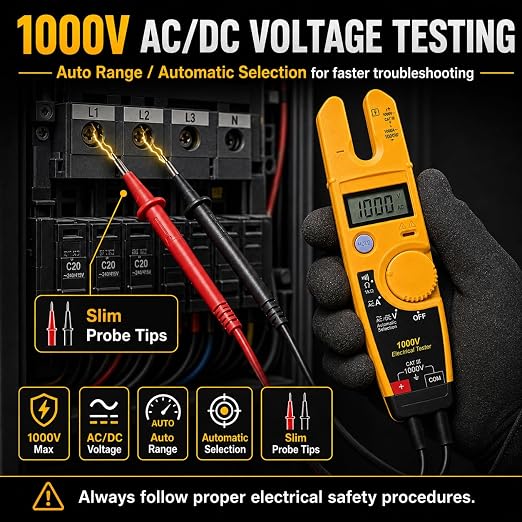 T5-1000 Electrical Tester Replacement for Fluke T5-1000 Meter, 1000V AC Voltage, Current & Continuity Tester with Open Slot Current Measurement, Thin Probes, Auto Range Meter for Electricians