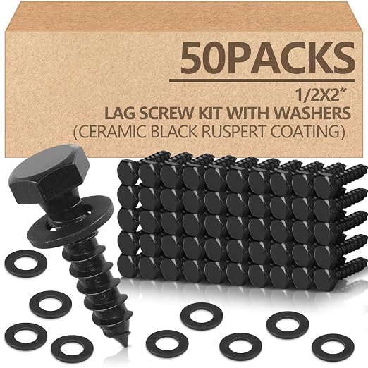 Tandefio 50 Pack 1/2''x 2'' Ceramic Black Lag Screw Kit with Washers Hex Lag Bolts Wood Screws Heavy Duty Hot Dip Galvanized Double Layer for Wood Decks Fences