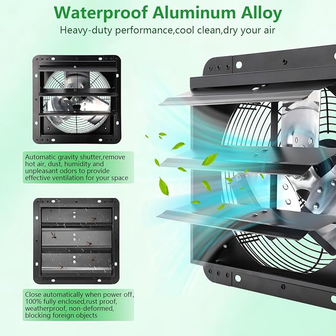 Shutter Exhaust Fan with Thermostat & Speed Control, 1088 CFM,1700RPM, Upgrade 14 inch Wall Mount Attic Vent Fan for Chicken Coops, Greenhouse, Gable, Barn, Garage, Shed Ventilator