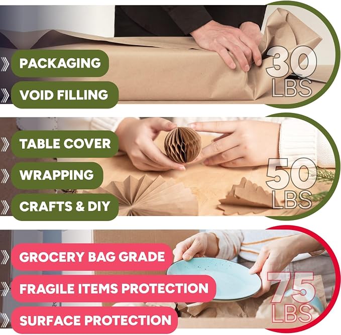 Paclord 18" x 5700" (475 feet) Natural Brown Kraft Paper Roll, 75 Lb Extra Heavy-Duty (Grocery Bag Grade) – Made in USA Large Size Roll of Brown Wrapping Paper, 3-inch Core – for Packaging, Shipping | 75 Lb Extra Heavy-Duty (Grocery Bag Grade) – Made i...