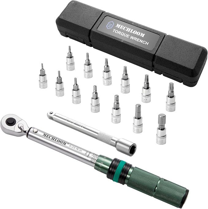 1/4-Inch Torque Wrench, 5–25 Nm, 15-Piece Click Bike Torque Wrench Set with Bits and 4-Inch Extension Bar, Dual-Direction, 0.25 N·m Increments, ±3% Accuracy for Bicycle Maintenance
