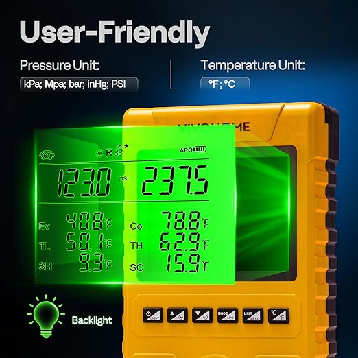VIVOHOME Digital HVAC Manifold Gauge Set, Refrigeration AC Gauges with 2 Wired Temperature Clamp Probes and 3 Hoses, Pressure and Temp Test, for R134a R410a R32 R1234yf R454B Refrigerant Recharge Kit