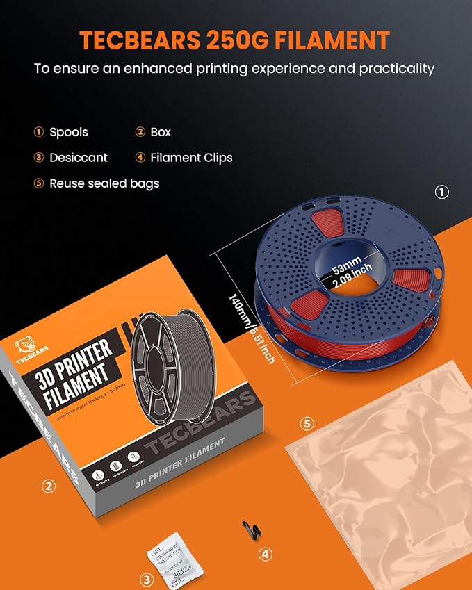 TECBEARS PETG Filament Bundle, 250g/Spool, 16 Color, 4kg in Total, Black+White+Gray+Olive Green+Red+Pink+Orange+Blue+Cyan+Green+Yellow+Beige+Purple+Transparent+Coffee+Sliver