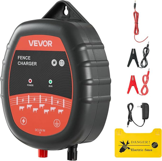 VEVOR Electric Fence Charger, 10kV 1J, AC DC Electric Fence Energizer with LED Indicator, 1.86 Miles Range, Powerful Plug-in Fences Charger, Prevents Wild Animals Intrusion for Livestock Poultry
