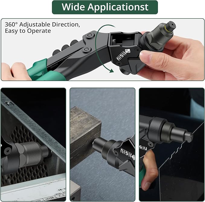 JiGiU 3 in 1 Rivet Gun Kit, Rivet Nut Tool Manual Pop Rivet Gun Tool Multi Size with 4 Mandrels, 4 Rivet Head & 2 Reaming Mandrels, 360° Swivel Head for Metal, Automotive, Sheet Metal, DIY Repair