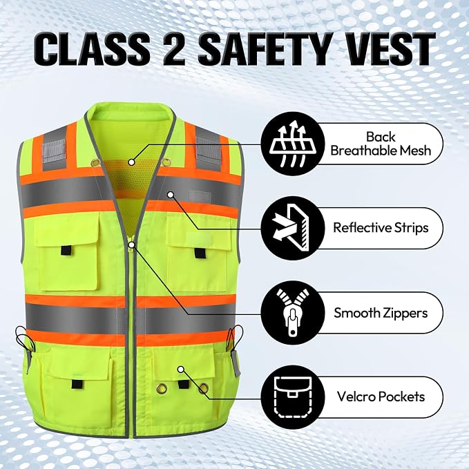 Surveyor Safety Vest with 8 Pockets, ANSI Class 2 High Visibility Vest for Men & Women
