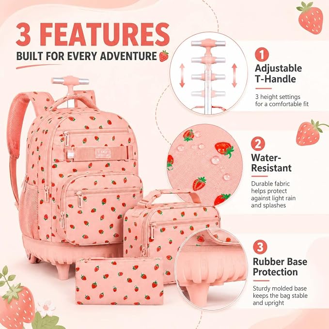 3Pcs Rolling Backpack for Girls Women, Travel Roller Backpacks with Wheels for Adults, Teens College Strawberry Wheeled Bookbag with Lunch Box (Pink)
