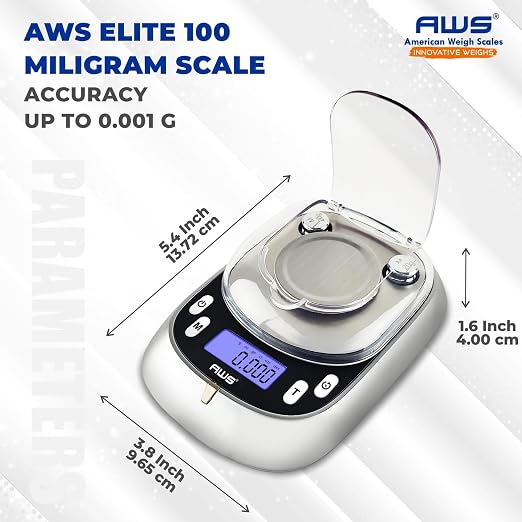 AWS Elite-100 Milligram Scale 100g x 0.001g–Digital Jewelry/Lab Scale for Powder, Gold, Gems – Includes Calibration Weights, Tweezers & Tray–Tare, Cal, 6 Units (Gemini Pro - 100g)