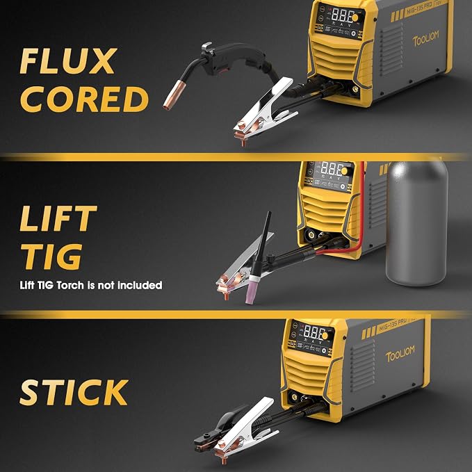 TOOLIOM 135A Gasless Flux Core MIG Welder Flux MIG/Lift TIG/Stick 3 in 1 Welding Machine & Auto Darkening Welding Helmet