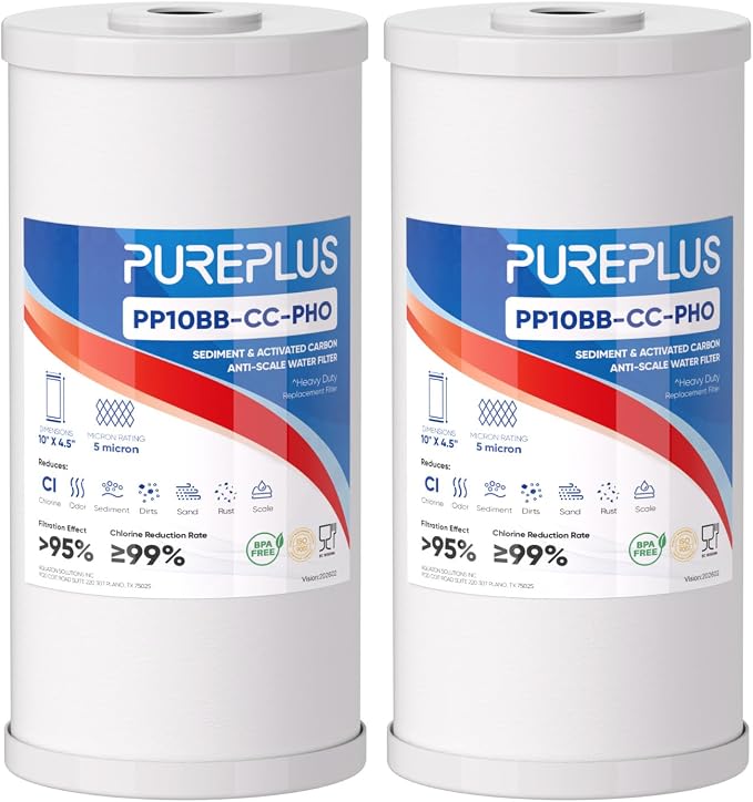 PUREPLUS 10" x 4.5" Whole House Scale Inhibitor & Sediment Filter Compound for Well/TAP Water–Compatible with GE FXHTC, GXWH40L, GXWH35F, GNWH38S, Culligan RFC-BBSA, WRC25HD, Pentek RFC-BB,2Pack