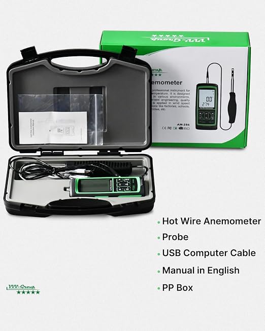 Hot Wire Anemometer AM-284 – HVAC Airflow Meter for Duct and Vent Testing, CFM/CMM Air Volume Calculation, Wind Speed & Temperature Measurement, Straight Telescopic Probe, USB PC Software