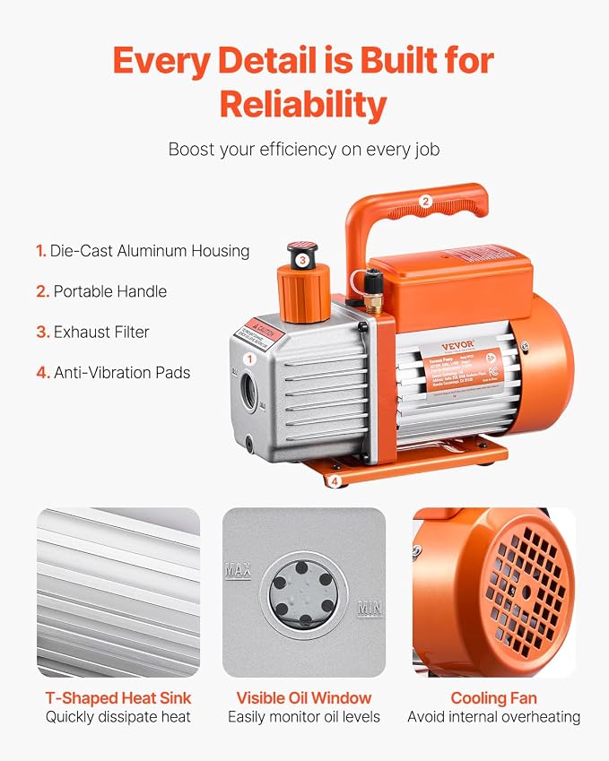 VEVOR 3.5 CFM AC Vacuum Pump and Gauge Set, Single Stage Rotary Vane HVAC Air Vacuum Pump, A/C Refrigerant Manifold Gauge Kit, with Hoses, for R134a, R12, R22, R502a, R410A, R404, R407C Refrigerants