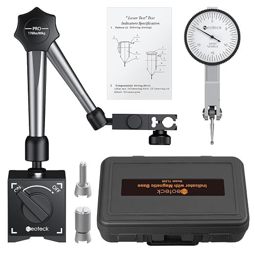 Neoteck 0-0.03"/0.0005" Test Indicator with 176lbs Pull Magnetic Base Stand | 80kg Max Pull，3/8 inch (9.52mm) Clamping Hole，Silver，Widely Used in Narrow Area Measurement，Ideal for CNC Operators