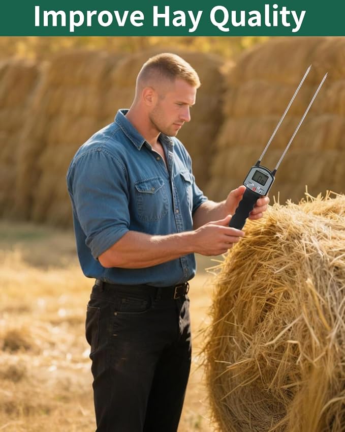 Hay Moisture Tester, Portable Hay Moisture Meter, Hay Bale Moisture Tester with Dual Probe, Forage Moisture Tester with Automatic Temperature Compensation for Alfalfa, Forage, Orchard Grass, Bales