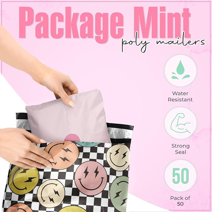 Package Mint 19x24 Poly Mailers - 50 Pack Smiles Checkerboard Design - Waterproof and Tear-Resistant Mailing Bags with Self-Adhesive Seal - Versatile Shipping Bags for Clothes and Accessories