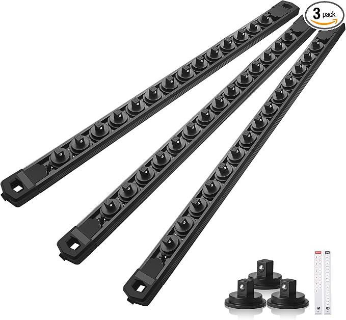 Reniteco Magnetic Socket Organizer Set, 3PC 1/4-Inch Drive Aluminum Alloy Socket Rail, Heavy Duty Magnetic Socket Holder for Tool Box Drawer, 360° Swivel Socket Rack, 1/4" x 42 Clips, Black