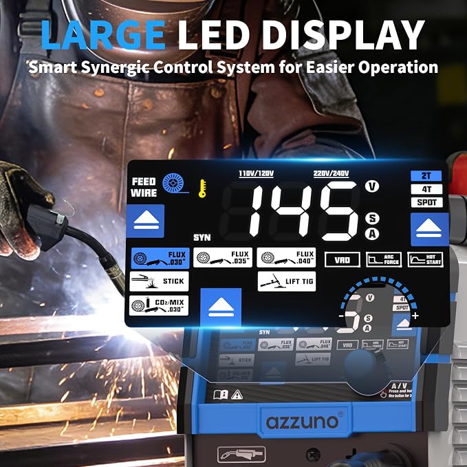 AZZUNO 4 in 1 MIG Welder 110V/220V, 145Amp MIG Welding Machine with Gas/Gasless Flux Core MIG/Lift TIG/Stick Welding, Wire Feed Welder with Synergic Control