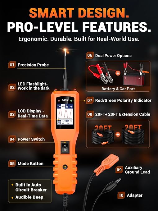 KZYEE KM10 Power Circuit Probe Tester with Live Waveform Display & Component Activation, 12V–24V Automotive Electrical Tester for Short Finding, Wire Tracing & Circuit Diagnostics, 40FT Reach