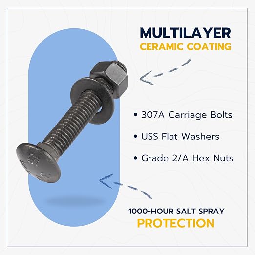 3/8" x 2-1/2" (25 Pack) Black Carriage Bolt Kit, Grade 307A, Ceramic Coated for Exterior Use, 2X Rust Resistance of Galvanized by Makers Bolt