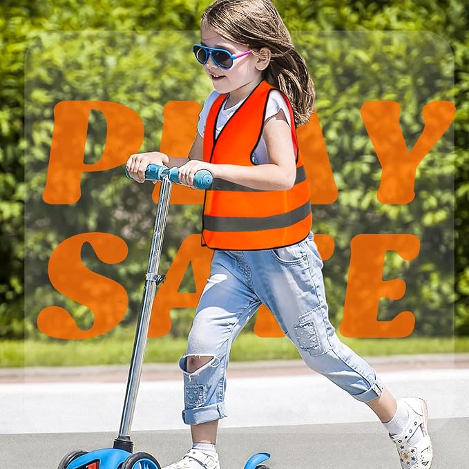 Zhanmai 30 Pcs Kids Safety Vest Bulk High Visibility Reflective Construction Vest with Strips Neon for Traffic Child Outdoor (Orange)
