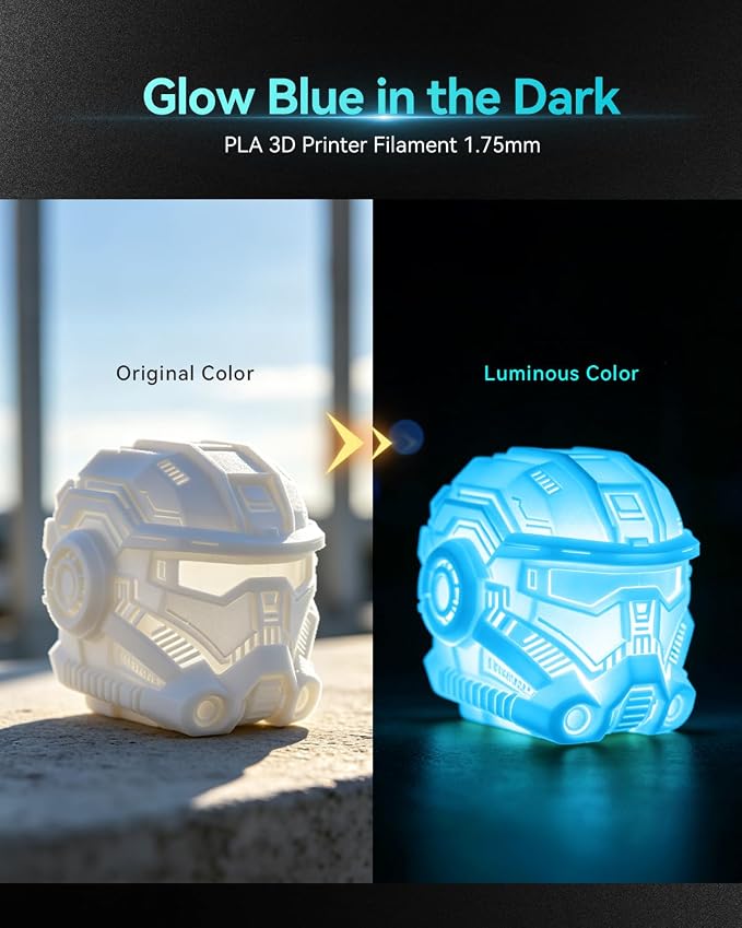 SUNLU Glow in the Dark PLA Filament 1.75mm, Luminous PLA 3D Printer Filament, Long-Lasting Brightness & High Toughness, 1kg Spool (2.2lbs), Fits Most FDM Printers, Blue PLA, Glow Blue
