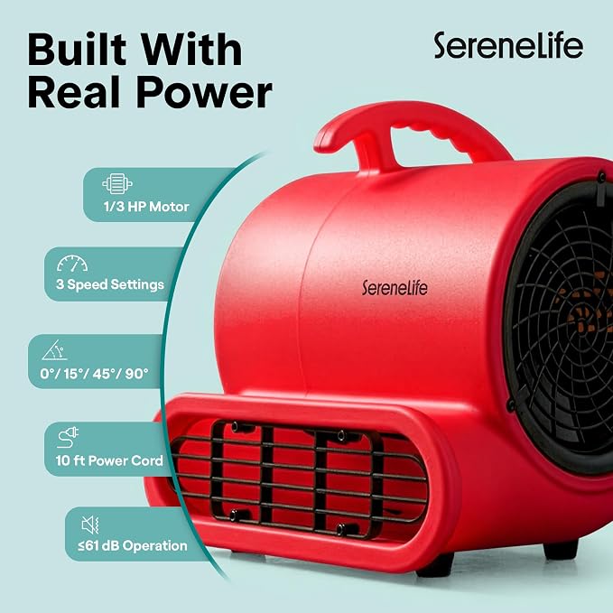 SereneLife Air Mover Blower Fan 1000 CFM – Powerful High Performance 3-Speed Fan for Floor & Carpet Drying, Portable Floor Fan w/Adjustable Tilt, Plug Multiple Units for Home Garage & Restoration Use