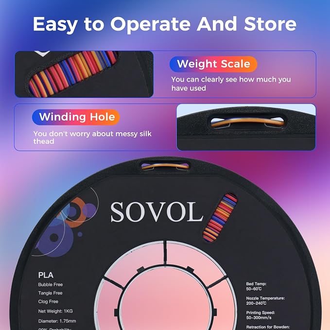 Sovol Silk PLA Filament Rotated Tri Color Co-Extrusion 1.75mm, Fast Change 3D Printer Filament 1kg/ 2.2lbs, Red Gold Blue 3 in 1 Coextrusion PLA Material +/-0.03mm