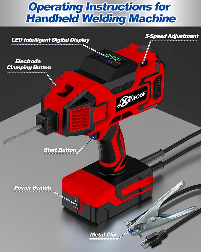 Portable Welding Machine with LCD, 110V Handheld Welder, IGBT Inverter, MMA/HS/ARC Portable Welder Gun, 5 Variable Current Adjustment for 3/32"-1/8" Rods, DIY, Professional Use, Repair (Red Black)