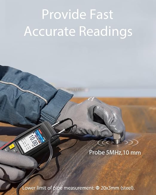 Wintact Digital Ultrasonic Thickness Gauge, Range 0.039 to 11.81 in with Probe for Measuring Metal and Nonmetal Materials, Steel, Cylinder Wall, Plastic, Glass, PVC, Pipes (WT100A)