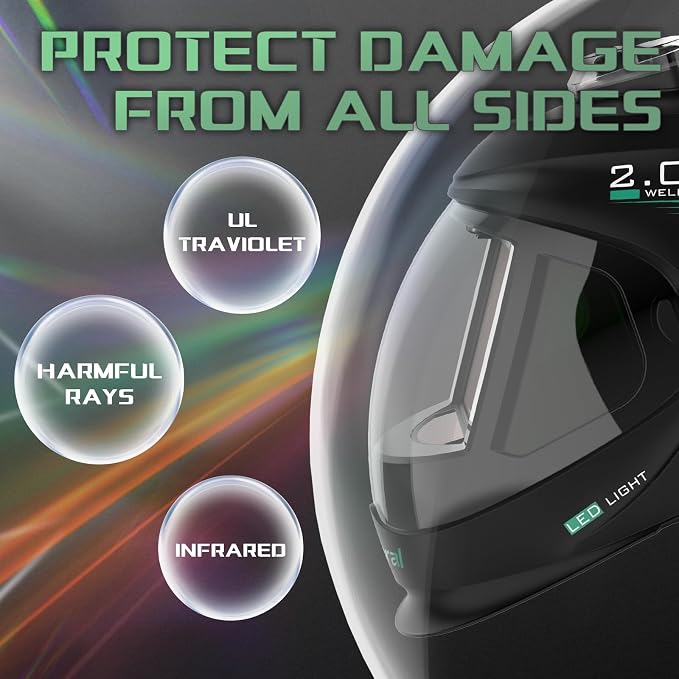 Panoramic View Auto Darkening Welding Helmet with Light，1/1/1/1 True Color Solar Powered Welding Hood Mask，4 Arc Sensor Wide Shade 4/5-9/-9-13 for TIG MIG ARC Cut,Grinding
