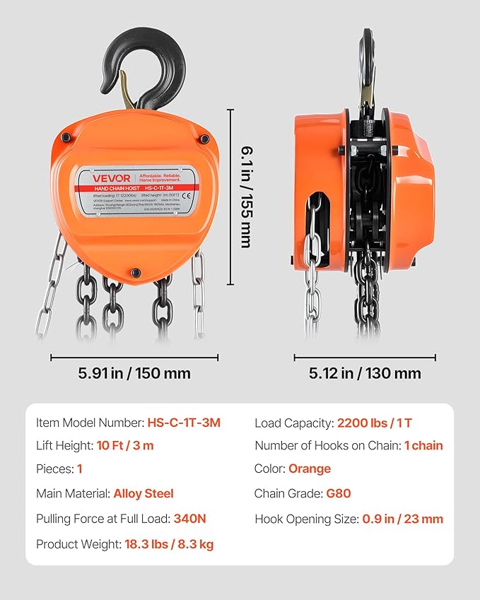 VEVOR Hand Chain Hoist, 1 Ton 2200 lbs Capacity, Manual Chain Block with Upgrade G80 Galvanized Chain, 10 ft Lifting Height, Heavy Duty Pulley Hoist for Garage Warehouse Automotive Machinery, Orange