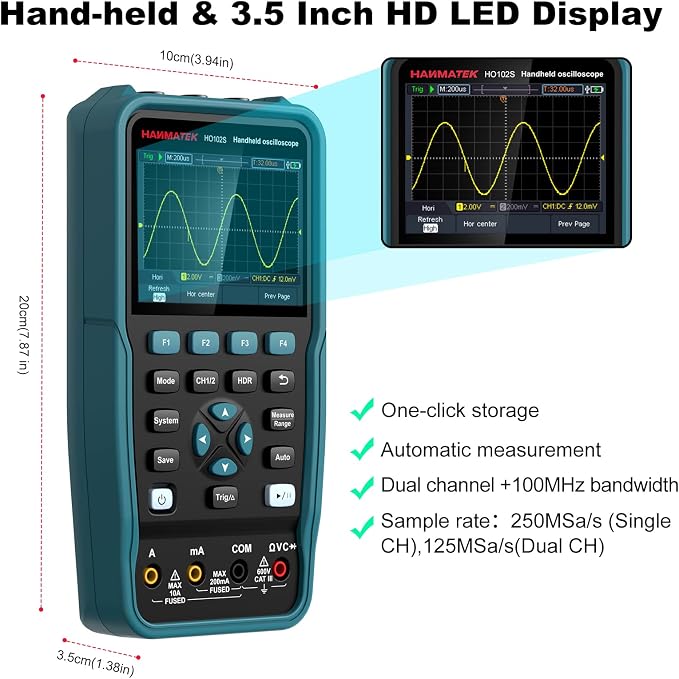 HANMATEK 3 in 1 Handheld Oscilloscope Multimeter 100Mhz Waveform Generator Oscilloscope with 2 Channels 3.5" TFT, HO102S Professional oscilloscope Multimeter with Memory Function