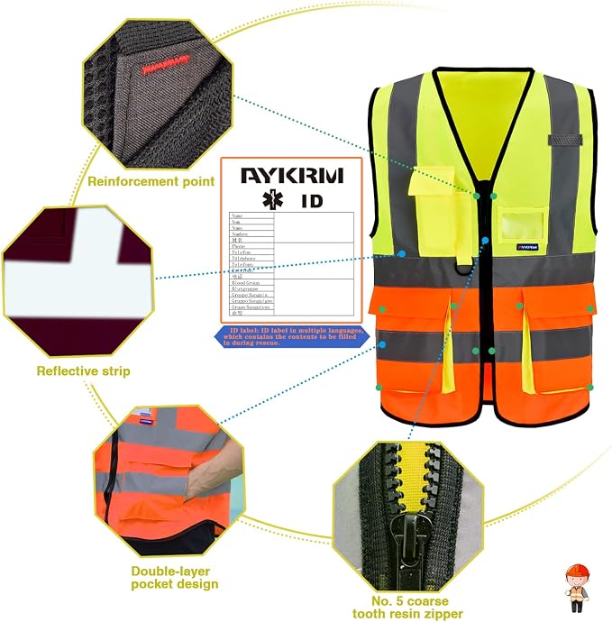 A-SAFETY orange and yellow construction worker vest | Yellow/Orange L safety vest with 7 pockets, clear ID pocket and radio mic loop for highway maintenance; unisex workwear.