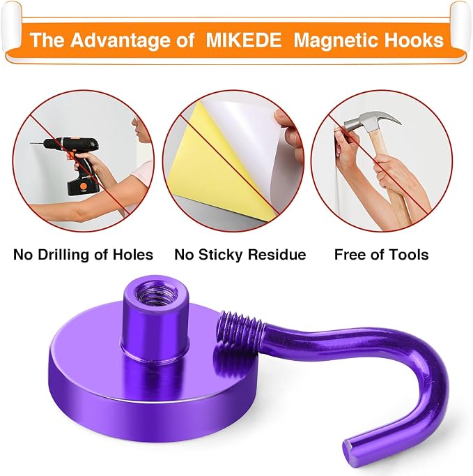 MIKEDE Magnetic Hooks 50Lbs+ Heavy Duty Magnet Hooks for Cruise Cabins | Super Neodymium Hanging Hooks Strong Magnets with Hook for Fridge, Magnetic Hanger for Grill Toolbox Storage Purple 4 Pack