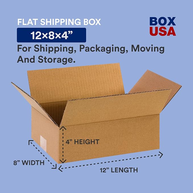 BOX USA Shipping Boxes 12"L x 8"W x 4"H 25-Pack - Flat Corrugated Cardboard Box for Packing, Moving and Storage