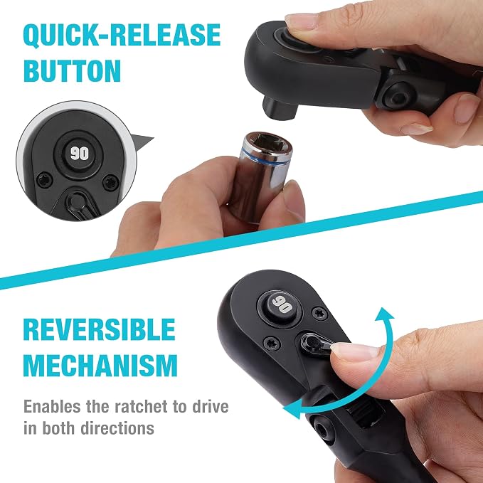 DURATECH 3-Piece Flex-Head Drive Ratchet Handle, 1/4", 3/8", 1/2" 90-Tooth Quick-Release Ratchet Wrench with 180° Pivoting Head & 7-Position Setting, Reversible, CR-V Made, Black Mn Phosphate Finish