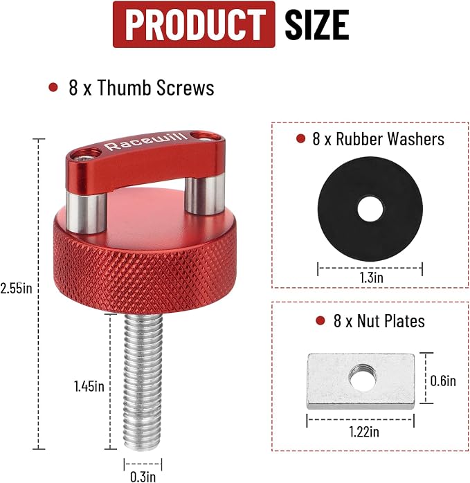8PCS Red Hard Top Quick Removal Fastener Thumb Screws with Nut Plates Compatible with 2021-2024 Ford Bronco 2dr/4dr, 2007-2022 Jeep Wrangler JK JL Gladiator JT