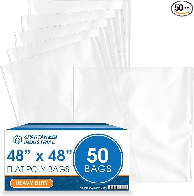 48" X 48" Open-End Flat Poly Bags (50 Count) - 2 Mil Clear Plastic Bags for Packaging, Shipping, Storage - No Adhesive Strip - Spartan Industrial