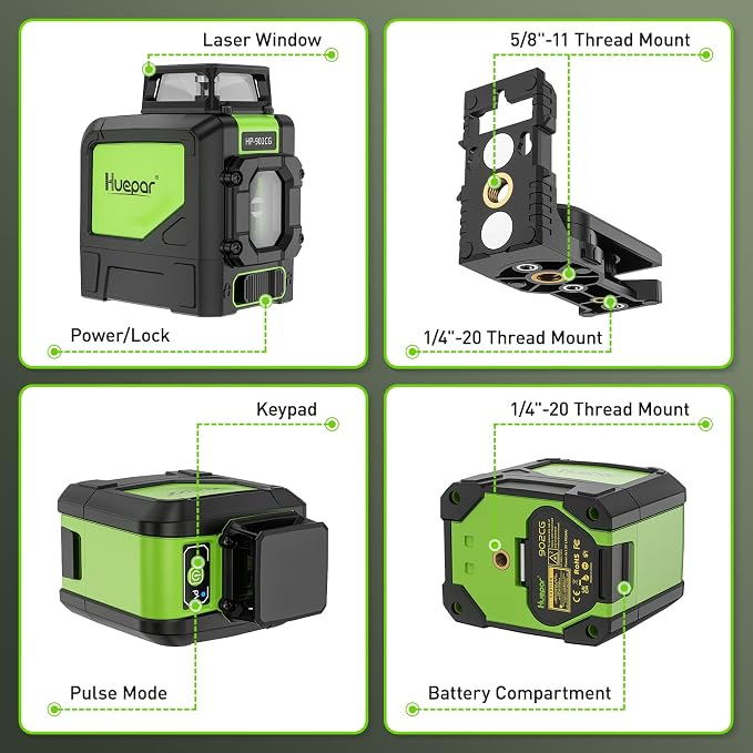 Huepar 901CG Self-Leveling Laser Level, 360 Green Beam Cross Line Laser Tool, Alignment 360-Degree Horizontal Line with Pulse Mode, Magnetic Pivoting Base Included