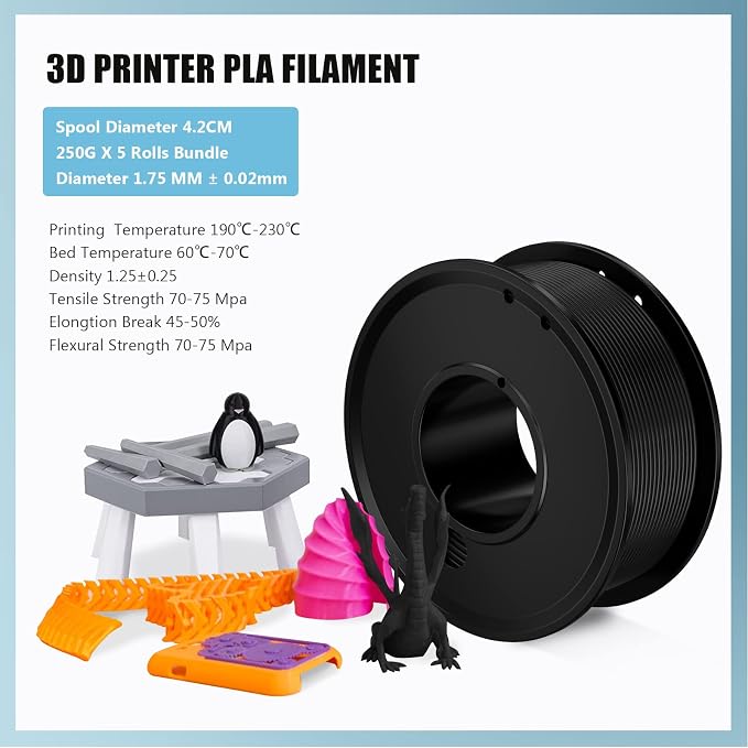 3D Printer Filament PLA 1.75mm 3-D Printing Materials 5 Colors Bundle Print Filimate 1.75 mm White Black Red Blue Yellow Filiment1.75 Accuracy ±0.02mm Fillament Spool Vacuum Pack 250G X 5 Roll