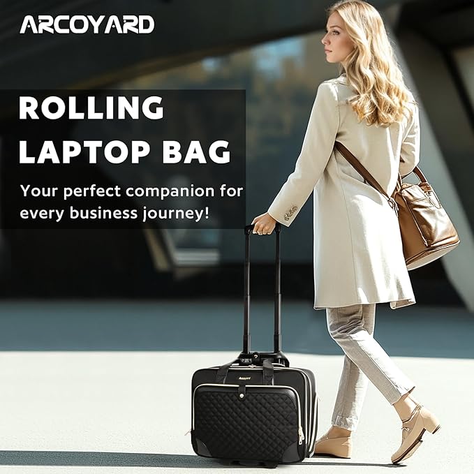 Arcoyard Rolling Laptop Bag, Rolling Briefcase for Women with Waterproof Pocket, 16 Inch Computer Bag, Underseat Carry On Luggage with Wheels for Work Travel Business, Lightweight Black